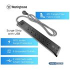 REGLETA 6 SALIDAS + 2 USB NEGRO PROTECCION VOLTAJE 15A/120V/1875W WESTINGHOUSE